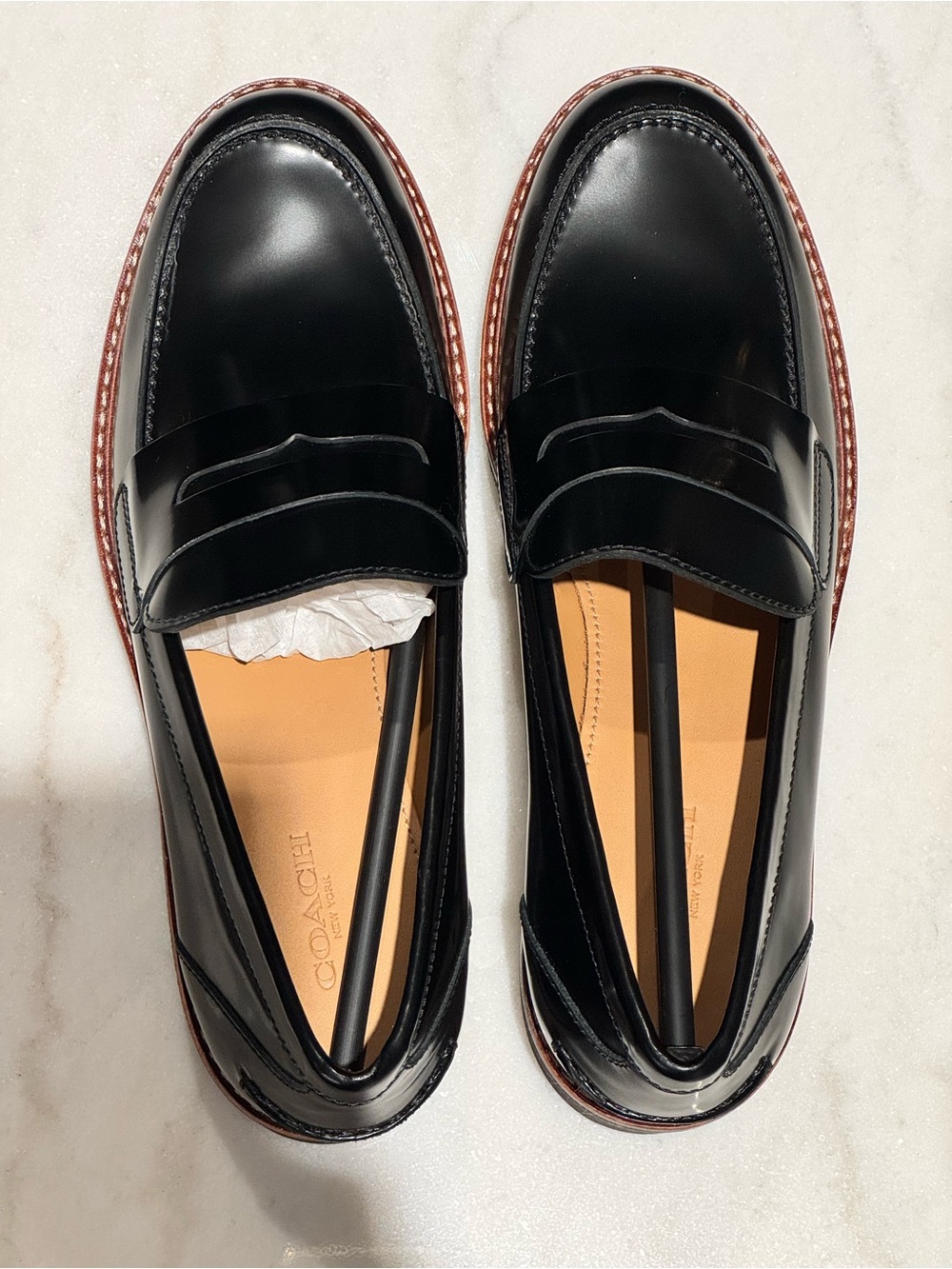 Coach Black Leather Penny Loafers Lug Sole Made in Spain Size 8.5B / EU 39 - Picture 5 of 10
